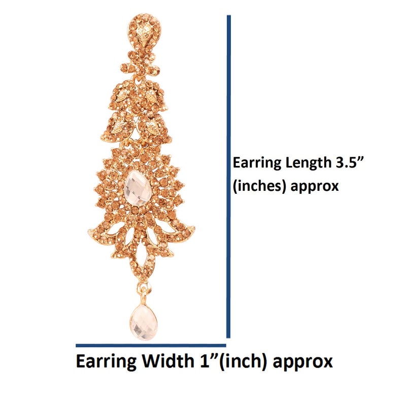 Touchstone "Hollywood Glamour Oscar Collection" Extra Long Chandelier Earrings Indian Attractive Paisley Motif Filigree Yellow Rhinestones Designer Bridal Jewelry In Antique Gold Tone For Women. - Image 5